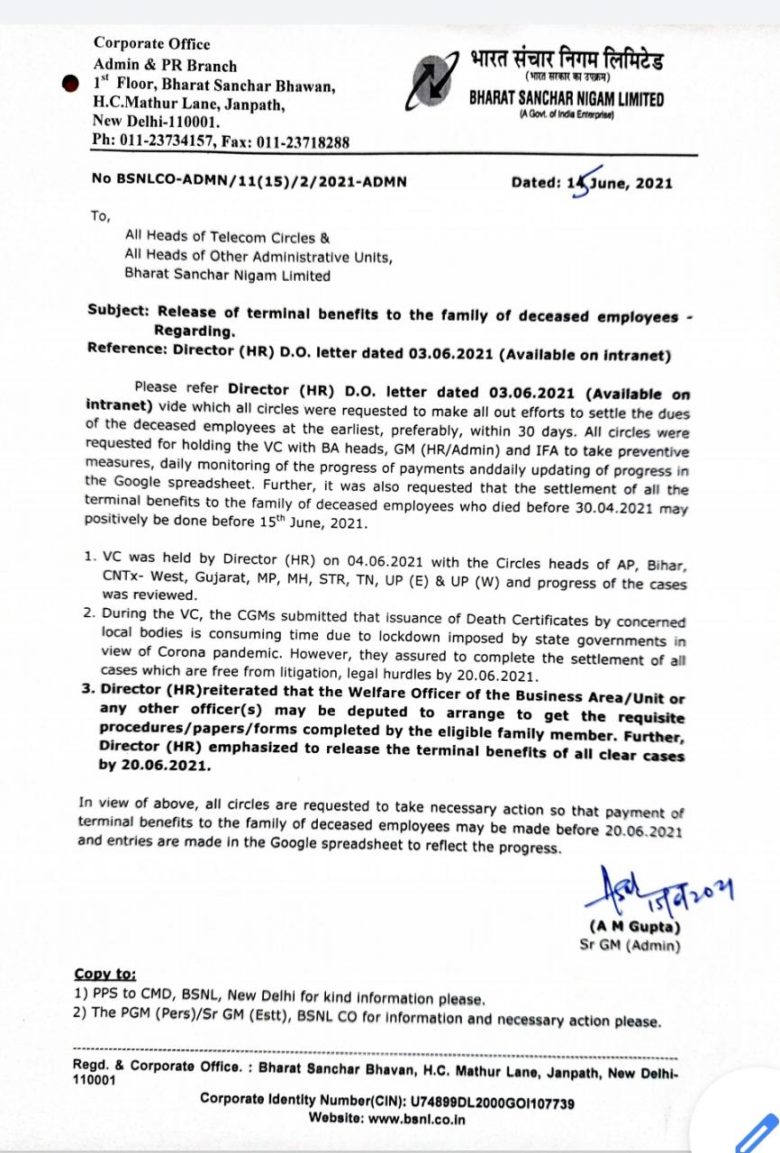 BSNL CO ND issued letter on Release of terminal benefits to the family ...